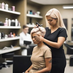 An Indian woman is sitting in a salon chair, crying as a hairstylist gives her a forced haircut and dyes her hair blonde