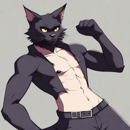 A male furry character resembling a black cat in a revealing and suggestive pose