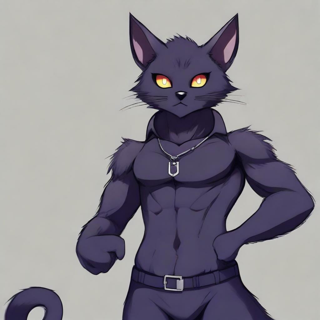 A male furry character resembling a black cat in a revealing and suggestive pose