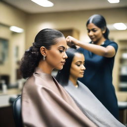 An Indian woman is sitting in a salon chair, receiving a haircut where one side of her head is being shaved