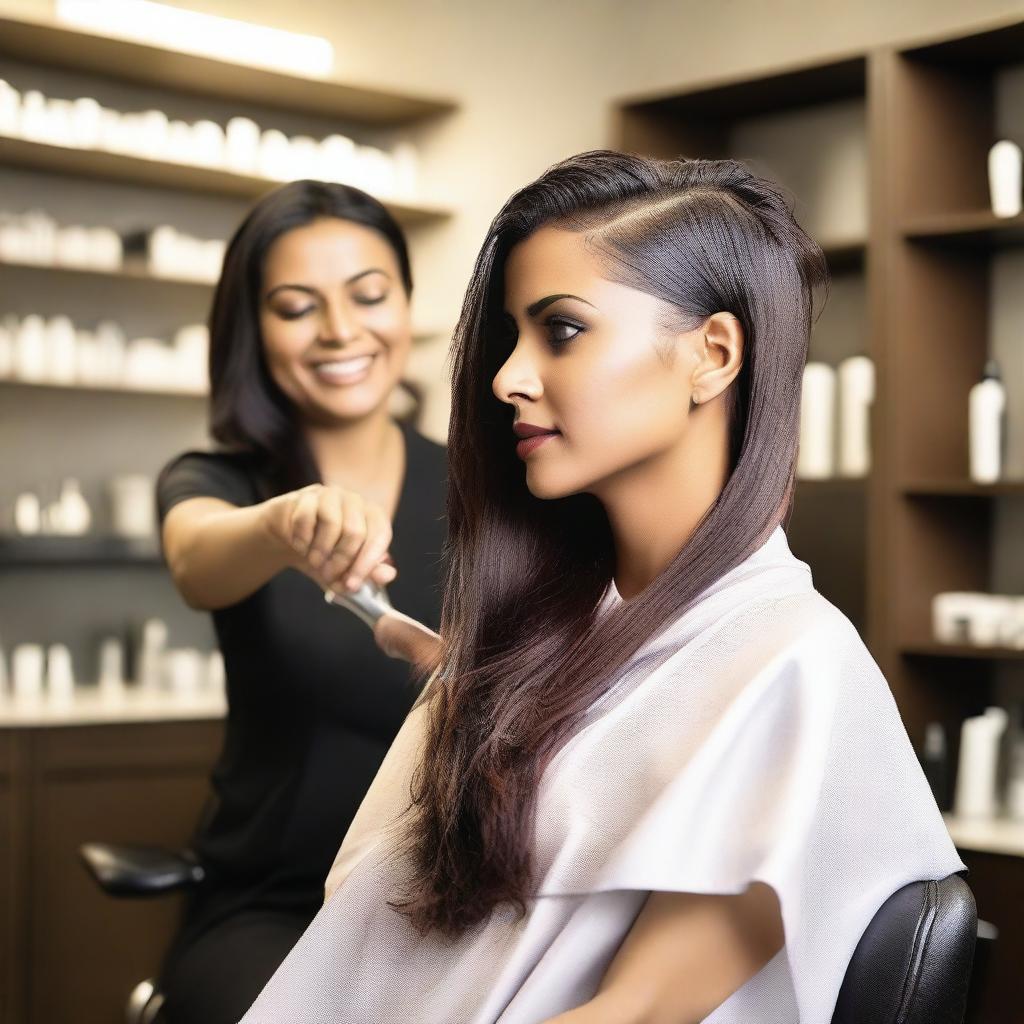 An Indian woman is sitting in a salon chair, receiving a haircut where one side of her head is being shaved