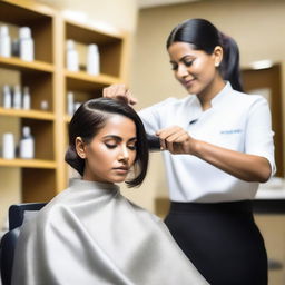 An Indian woman is sitting in a salon chair, receiving a haircut where one side of her head is being shaved