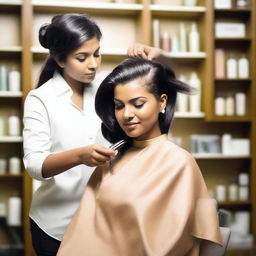 An Indian woman is sitting in a salon chair, receiving a haircut where one side of her head is being shaved