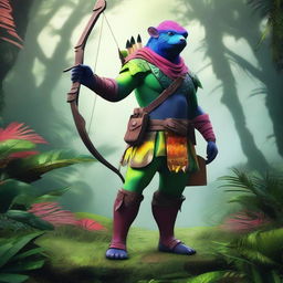 A vibrant and multi-colored grung ranger, standing in a dense jungle