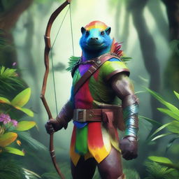 A vibrant and multi-colored grung ranger, standing in a dense jungle