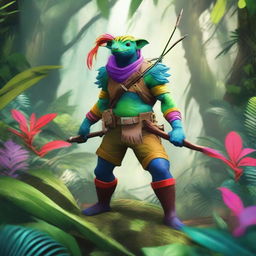 A vibrant and multi-colored grung ranger, standing in a dense jungle