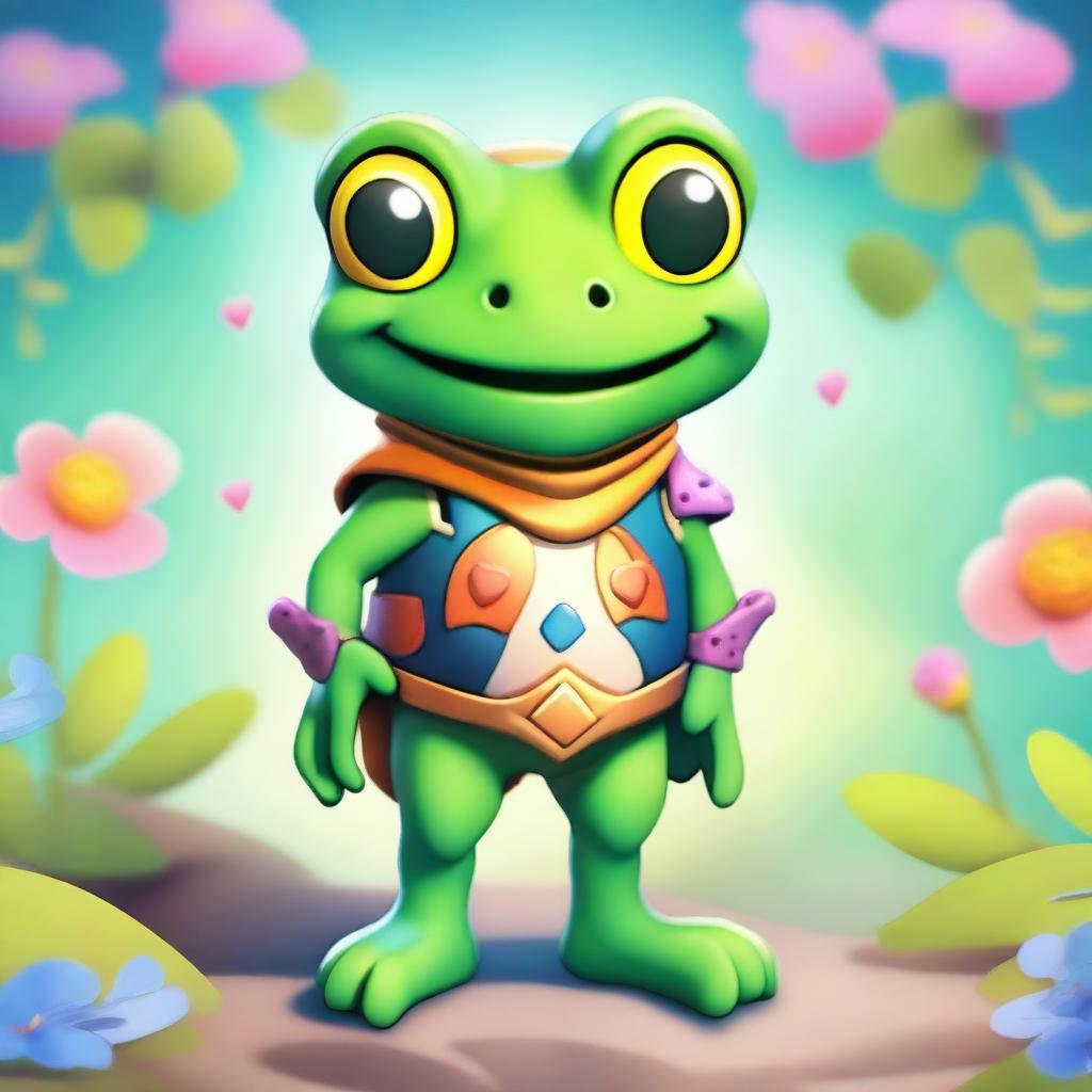 A cute frog guy with multi-colored skin, smiling brightly