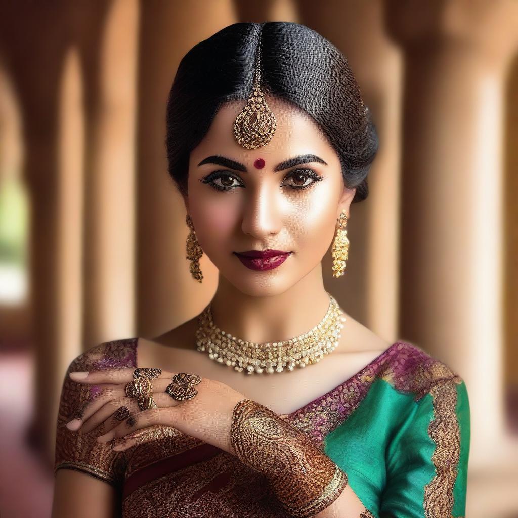 A beautiful Indian woman with sleek back hair, dressed in traditional attire