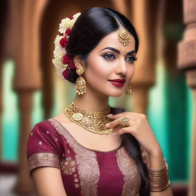 A beautiful Indian woman with sleek back hair, dressed in traditional attire