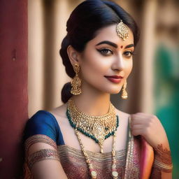 A beautiful Indian woman with sleek back hair, dressed in traditional attire