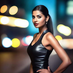 A sexy Indian woman with sleek hair tied in a ponytail, wearing a form-fitting leather dress