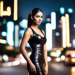 A sexy Indian woman with sleek hair tied in a ponytail, wearing a form-fitting leather dress