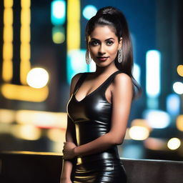 A sexy Indian woman with sleek hair tied in a ponytail, wearing a form-fitting leather dress