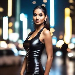 A sexy Indian woman with sleek hair tied in a ponytail, wearing a form-fitting leather dress