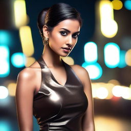 A sexy Indian woman with sleek hair tied in a ponytail, wearing a form-fitting leather dress