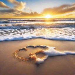 Create an image titled 'Waves of Love' featuring a serene beach scene with gentle waves forming heart shapes as they crash onto the shore