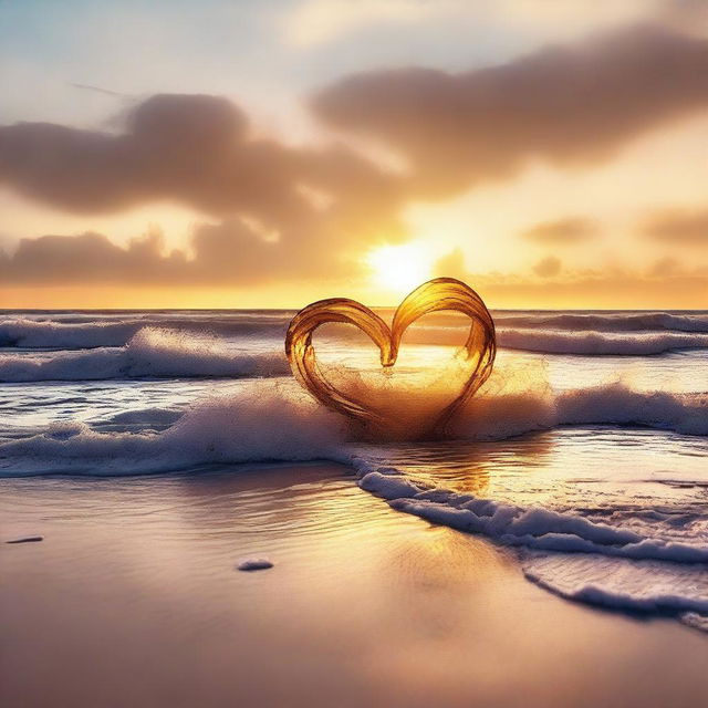 Create an image titled 'Waves of Love' featuring a serene beach scene with gentle waves forming heart shapes as they crash onto the shore