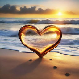 Create an image titled 'Waves of Love' featuring a serene beach scene with gentle waves forming heart shapes as they crash onto the shore