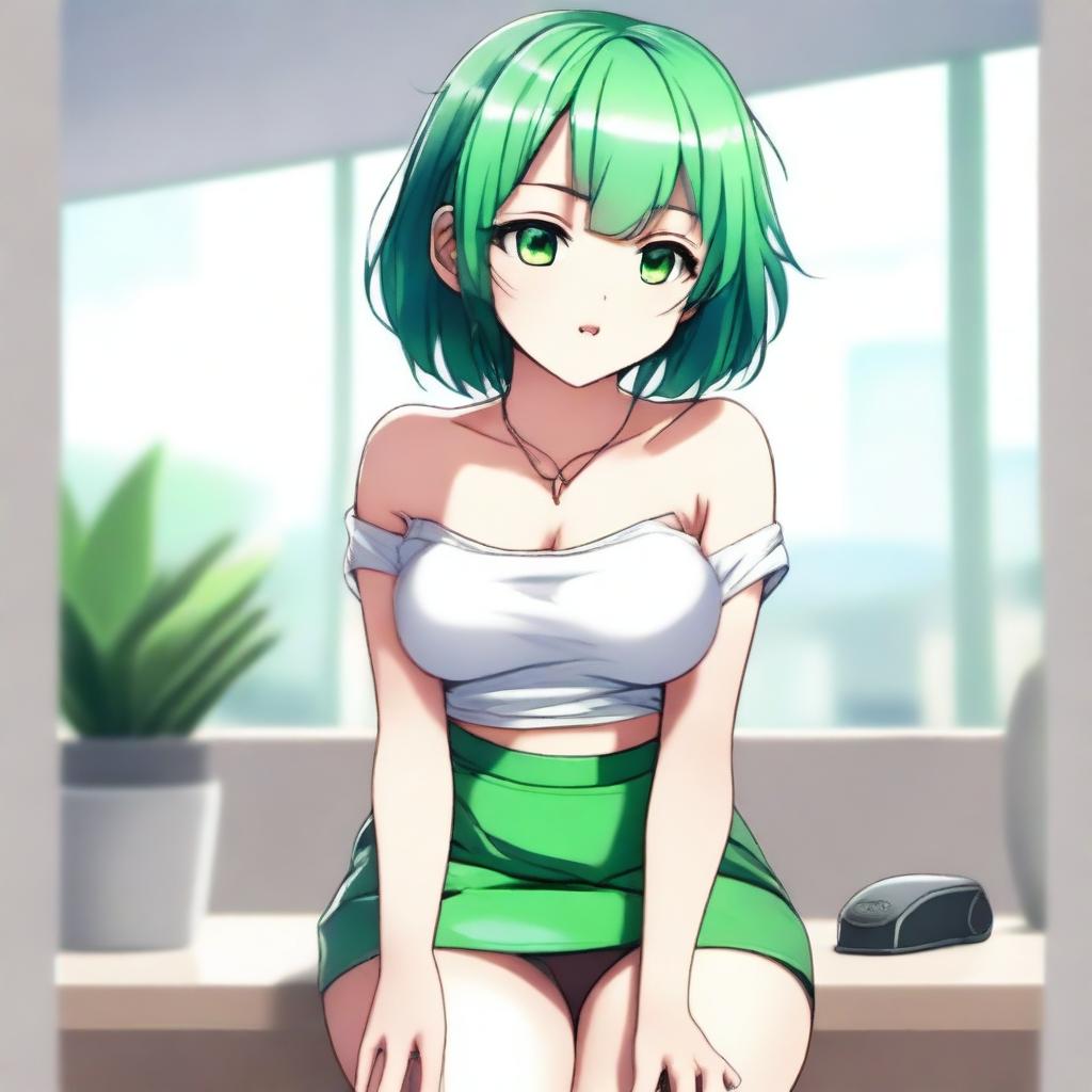 A cute and sexy girl with green hair, short hair, and a tiny body