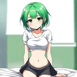 A cute and sexy girl with green hair, short hair, and a tiny body