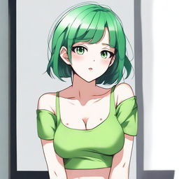 A cute and sexy girl with green hair, short hair, and a tiny body