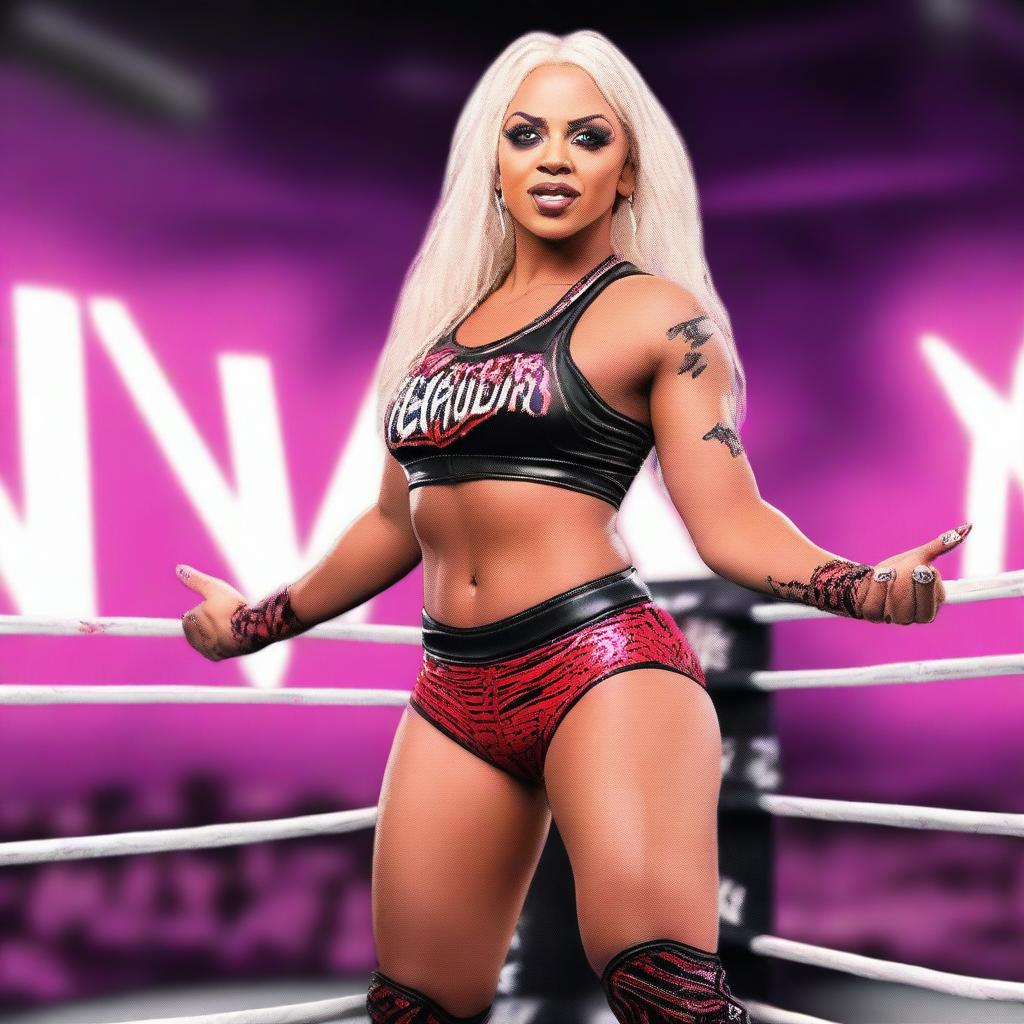 Create an image of Liv Morgan, the WWE wrestler, in a dynamic action pose inside a wrestling ring