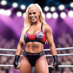 Create an image of Liv Morgan, the WWE wrestler, in a dynamic action pose inside a wrestling ring