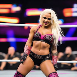 Create an image of Liv Morgan, the WWE wrestler, in a dynamic action pose inside a wrestling ring