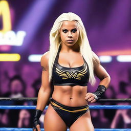 Create an image of Liv Morgan, the WWE wrestler, in a dynamic action pose inside a wrestling ring