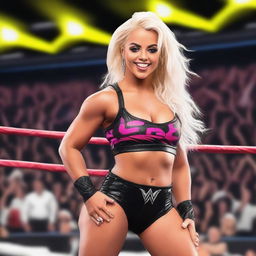 Create an image of Liv Morgan, the WWE wrestler, in a dynamic action pose inside a wrestling ring