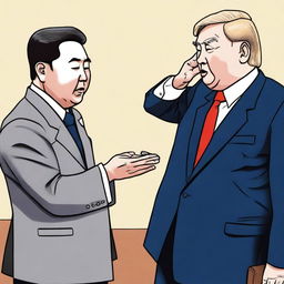 An artistic depiction of a fictional scene where the South Korean president is slapping the Russian president