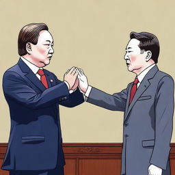 An artistic depiction of a fictional scene where the South Korean president is slapping the Russian president