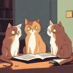 A group of cats are looking at a glowing book with expressions of fear and confusion