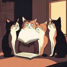 A group of cats are looking at a glowing book with expressions of fear and confusion