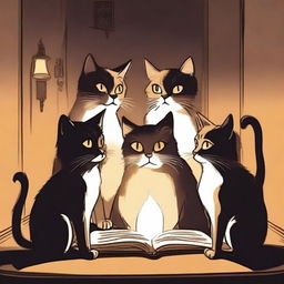 A group of cats are looking at a glowing book with expressions of fear and confusion