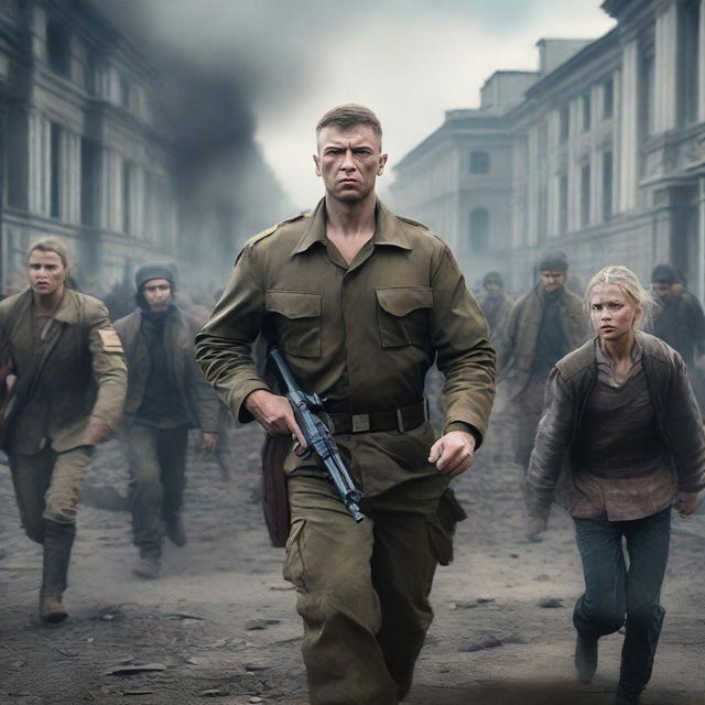 A photorealistic poster of Ukrainian men defending women and children