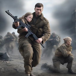 A photorealistic poster of Ukrainian men defending women and children