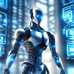 A detailed and futuristic depiction of artificial intelligence, featuring a sleek, humanoid robot with glowing blue circuits, interacting with a holographic interface in a high-tech environment