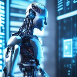 A detailed and futuristic depiction of artificial intelligence, featuring a sleek, humanoid robot with glowing blue circuits, interacting with a holographic interface in a high-tech environment