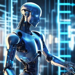 A detailed and futuristic depiction of artificial intelligence, featuring a sleek, humanoid robot with glowing blue circuits, interacting with a holographic interface in a high-tech environment