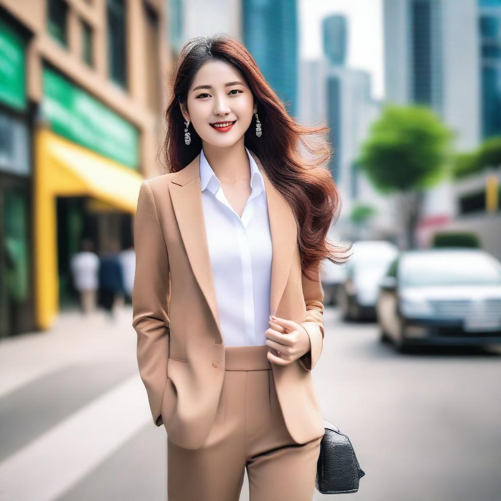 A beautiful Korean woman with a stylish outfit, posing confidently