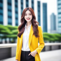 A beautiful Korean woman with a stylish outfit, posing confidently