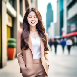 A beautiful Korean woman with a stylish outfit, posing confidently