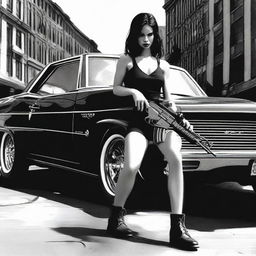 A short girl wearing a black top and black panties is kneeling in front of a car, holding an M16 rifle