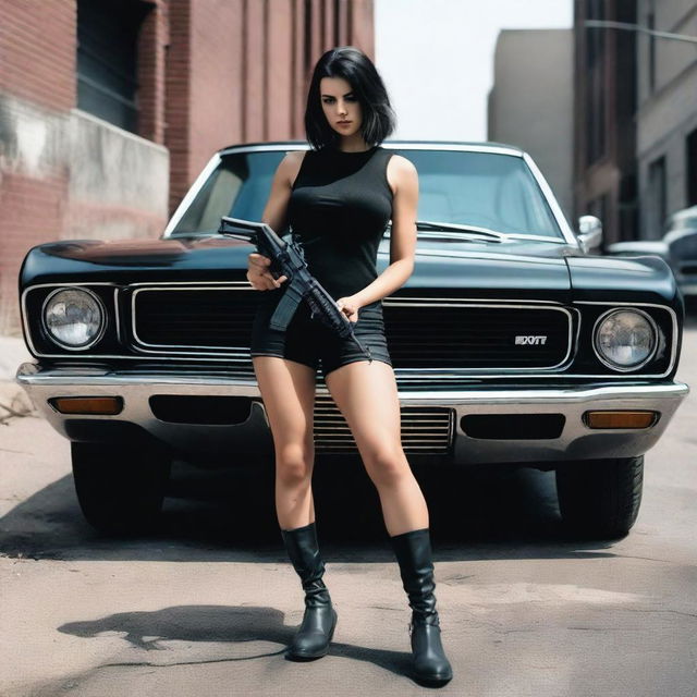 A short girl wearing a black top and black panties is kneeling in front of a car, holding an M16 rifle