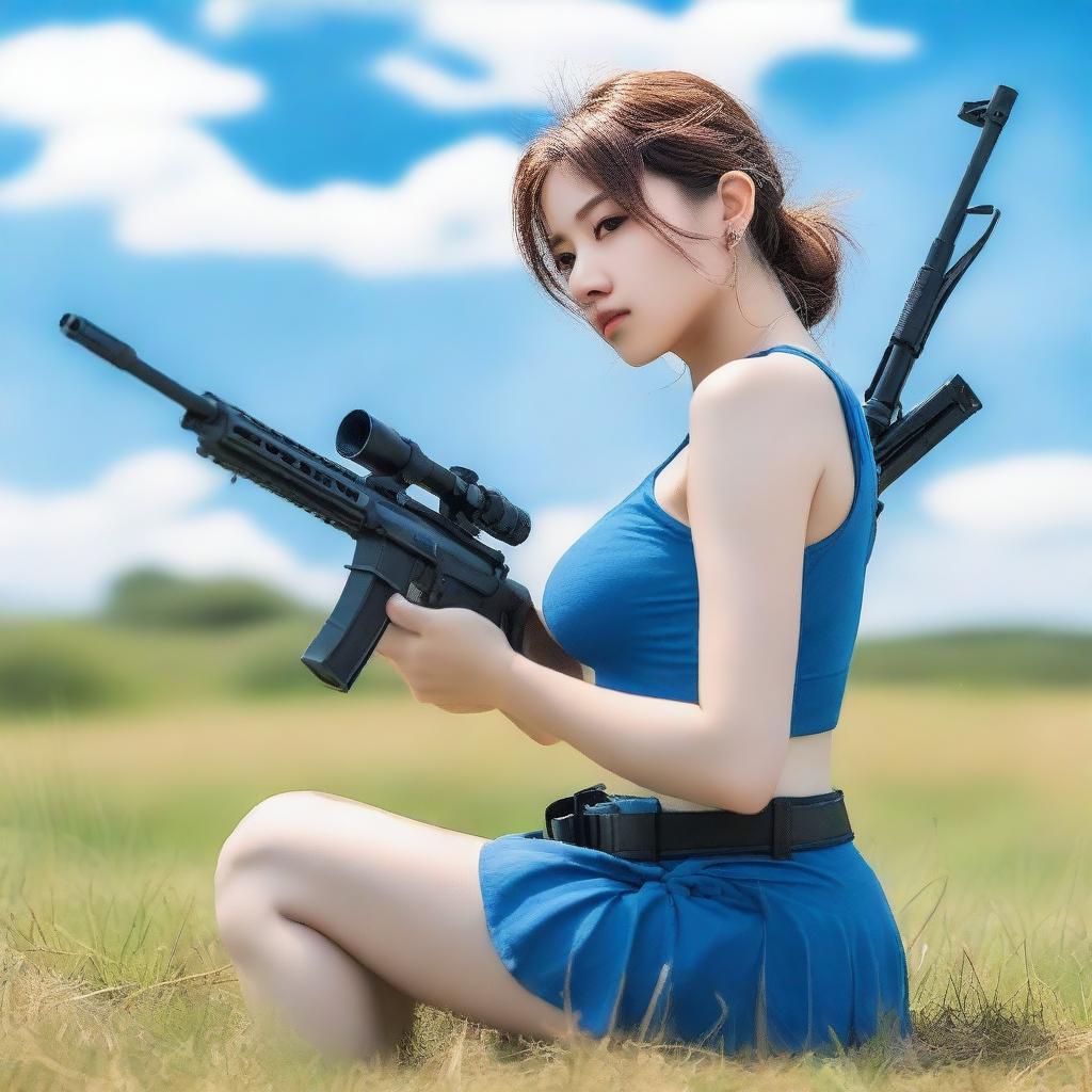 A short girl with big breasts in a blue crop top, kneeling down on grass with a kar98k rifle