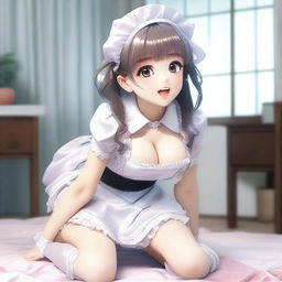 A girl on all fours blushing and sticking out her tongue, wearing a silk maid outfit