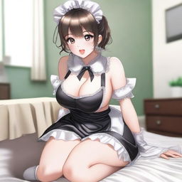 A girl on all fours blushing and sticking out her tongue, wearing a silk maid outfit