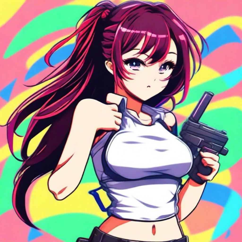 A sexy anime girl holding a gun, designed as a quirky and fun profile picture