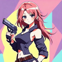 A sexy anime girl holding a gun, designed as a quirky and fun profile picture